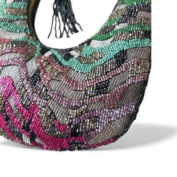 Beaded Hobo Bag With Black Velvet Bow-Pink/Blue/Purple/Black-Viral NWT - Picture 3 of 7